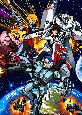 Robotech Anime Mecha and Pilots in Space Battle