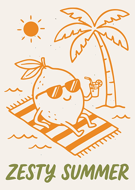 Zesty Summer Poster, Cute Lemon Beach Wall Art, Tropical Vacation Illustration Print