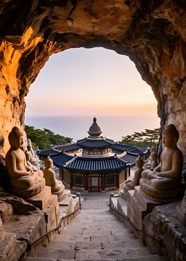 Buddha statues overlooking a temple and ocean