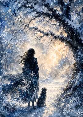 Woman and dog in snowy forest