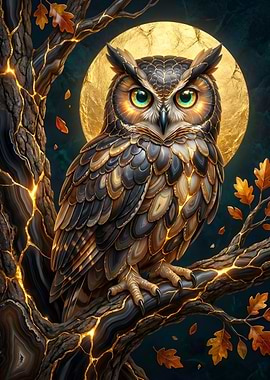 Golden Owl on Agate Tree Branch