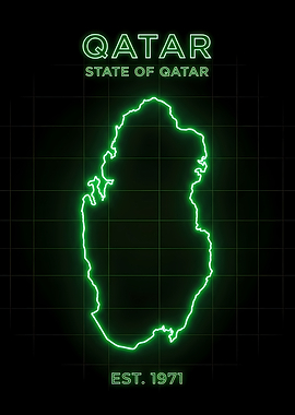 A neon green glowing map of Qatar on black retro grid with text EST 1971 neonart