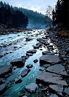 Rocky River Flowing Through Forest