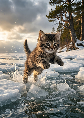 Kitten jumping on ice