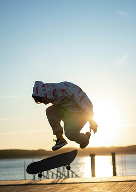 Skateboarder mid-air jump at sunset