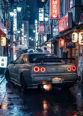 Nissan Skyline GT-R R34 in Rainy Tokyo Alley