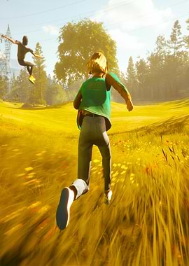 Two people running through a field