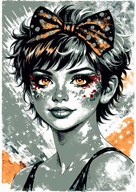 Anime Girl with Orange Bow and Sparkles