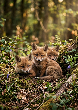 Three adorable fox kits in a forest