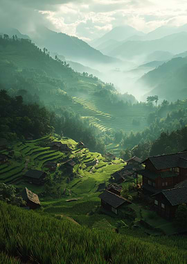 Medieval Misty Mountain Rice Terraces Village