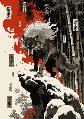 Wolf on Snowy Rock with Bamboo