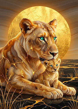 Lioness and Cub with Golden Kintsugi