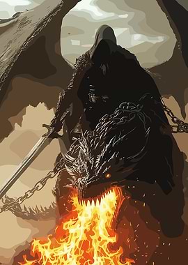 Dark Knight Riding a Fire-Breathing Dragon