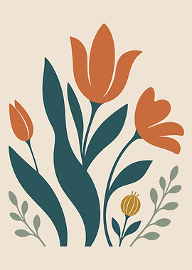 Scandinavian Tulip Wall Art – Mid-Century Folk Botanical Poster