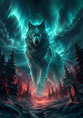 Mystical Wolf Under Aurora Borealis
