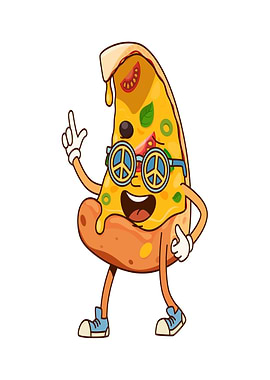 Cartoon Pizza Character with Peace Sign Glasses