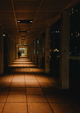 Nighttime Urban Walkway with Dramatic Lighting