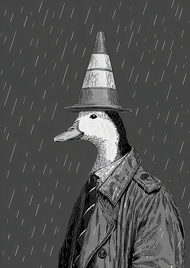 Duck in a Trench Coat and Traffic Cone Hat