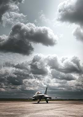Rafale B on Tarmac Under Stormy Skies