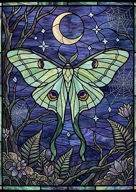 Stained Glass Luna Moth and Moon