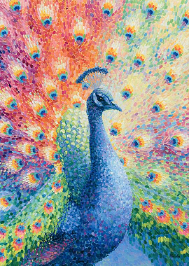 Prismatic Pointillism Peacock – Colorful Luxury Wildlife Wall Art