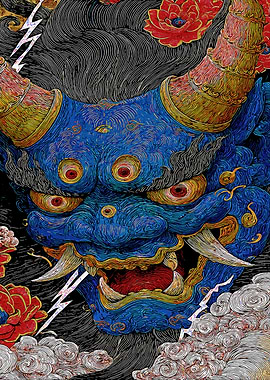 Blue Oni Mask with Flowers and Lightning