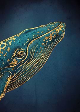 Gold and Teal Whale Art