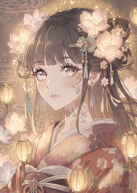 Anime Girl in Kimono with Lotus Flowers