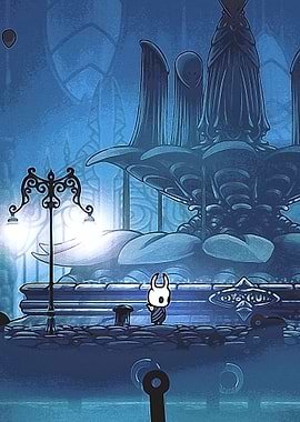Hollow Knight Character in Blue Cityscape