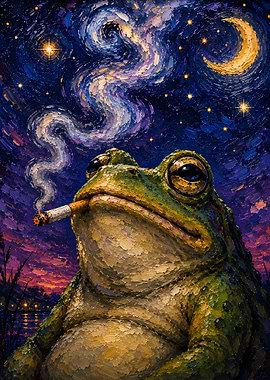 Frog Smoking Under Starry Night Sky