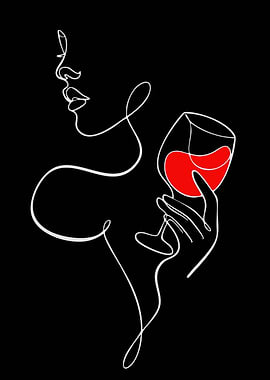 Woman Holding Wine Glass Line Art