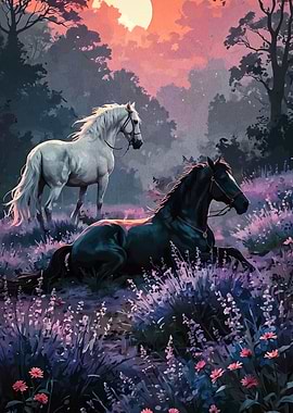 Horses in a Lavender Field