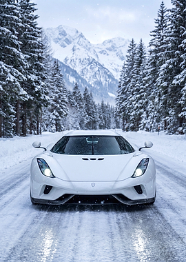 White Koenigsegg Regera Car Snow