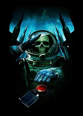 Skeleton Astronaut Salutes Missile Button