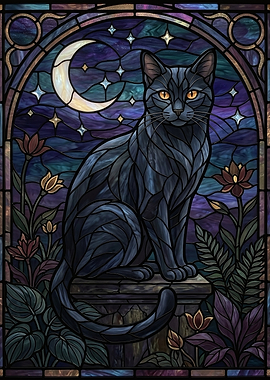 Stained Glass Black Cat with Moon and Stars