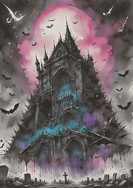 Gothic Castle with Pink Moon and Bats