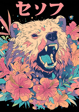 Aggressive Bear Surrounded by Flowers