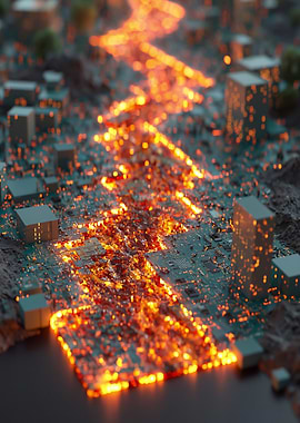 Digital Cityscape with Lava Flow