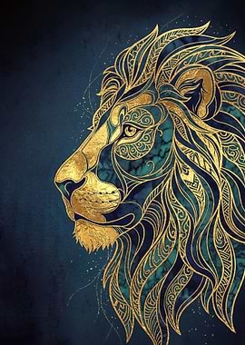 Golden Lion Head with Blue and Green Marble