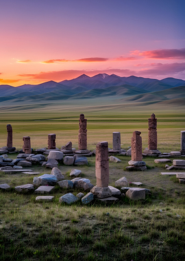 Ancient Stone Pillars at Sunset