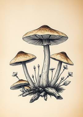 Botanical Illustration of Mushrooms