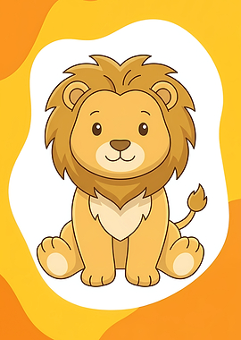 A cute cartoon young lion sitting with fluffy mane, warm yellow orange background