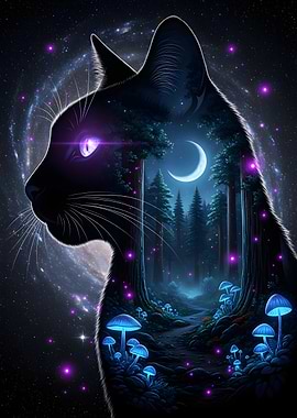 Mystical Black Cat Forest Scene