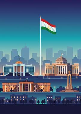 Tajikistan National Flag and Government Buildings