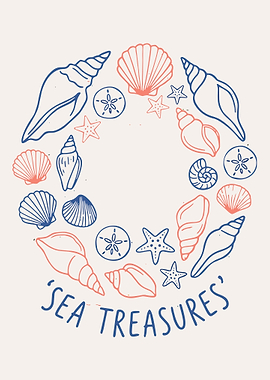 Sea Treasures Coastal Wall Art Poster Vintage Nautical Seashell Illustration