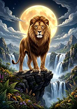 Majestic Lion on Cliff Overlooking Waterfalls