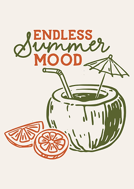 Endless Summer Mood Poster, Retro Coconut Drink Wall Art, Tropical Vacation Print