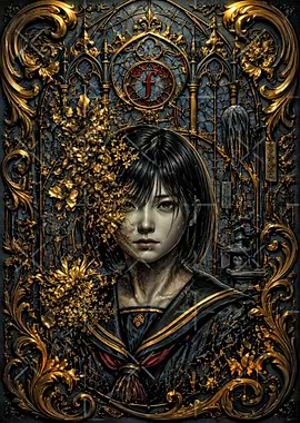 Gothic Anime Girl with Golden Ornate Frame