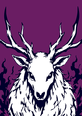 White Stag with Antlers and Flames