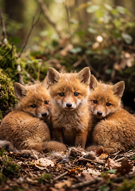 Three adorable fox kits in the woods
